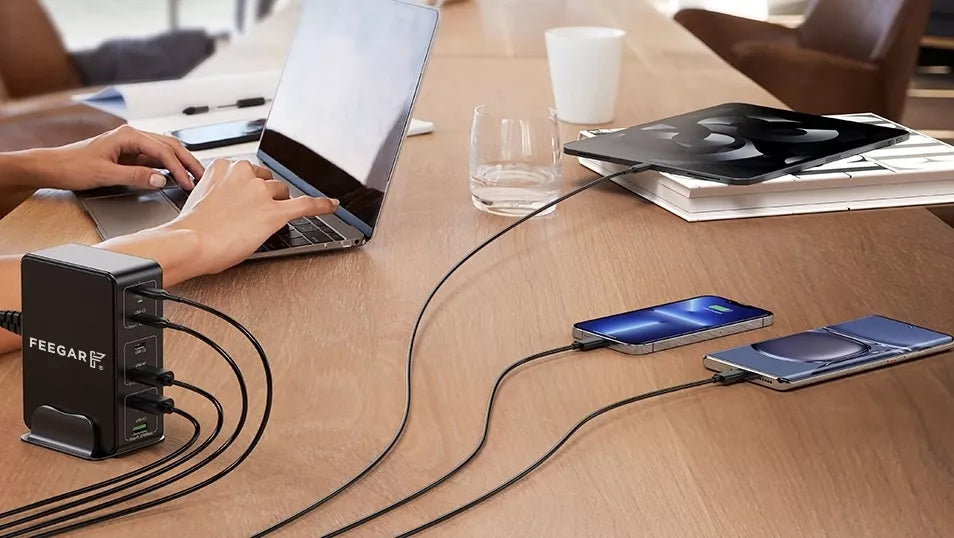 Greitai įkraunanti Feegar Tower PRO 140W tinklo įkroviklis 6x USB Tipas C USB-C QC 3.0