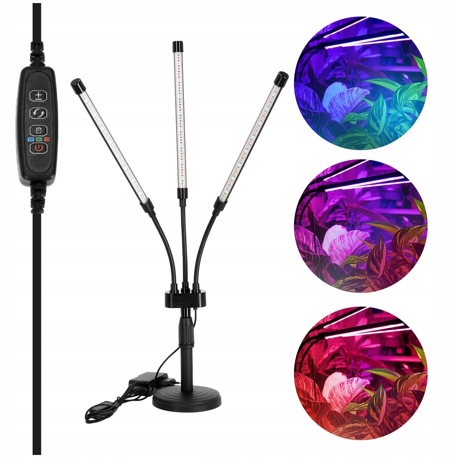 Triguba LED lempa augalams auginti 3x su laikmačiu, pastatoma, maža, reguliuojama
