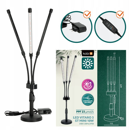 Triguba LED lempa augalams auginti 3x su laikmačiu, pastatoma, maža, reguliuojama