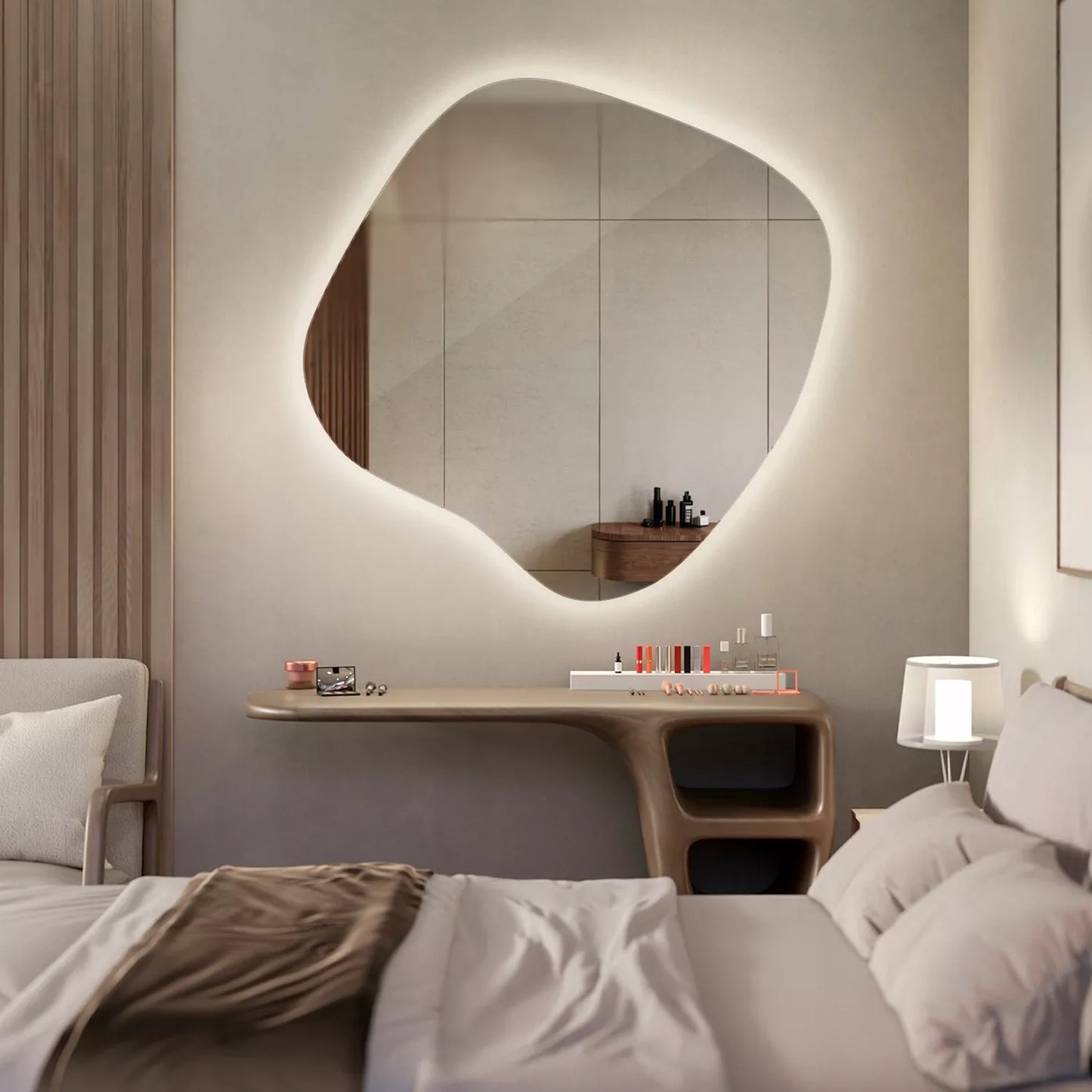 LED veidrodis Netaisyklingas Sieninis Makiažui ir Miegamajam „Glamour Design“