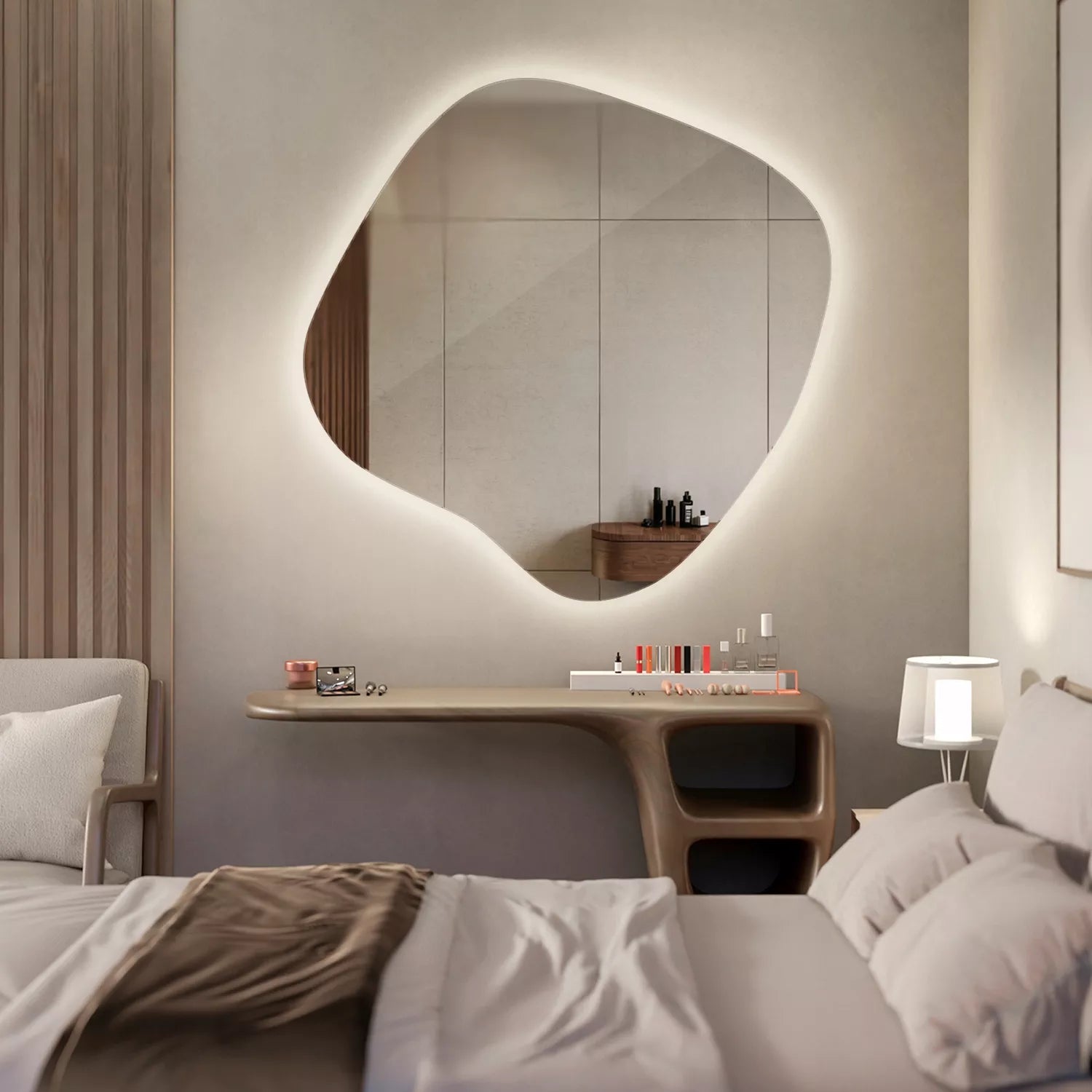 LED veidrodis Netaisyklingas Sieninis Makiažui ir Miegamajam „Glamour Design“