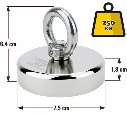 NEODIMIO MAGNETAS 250 kg vandens paieškoms, žvejybai, N52 rinkinys su 25 m virve