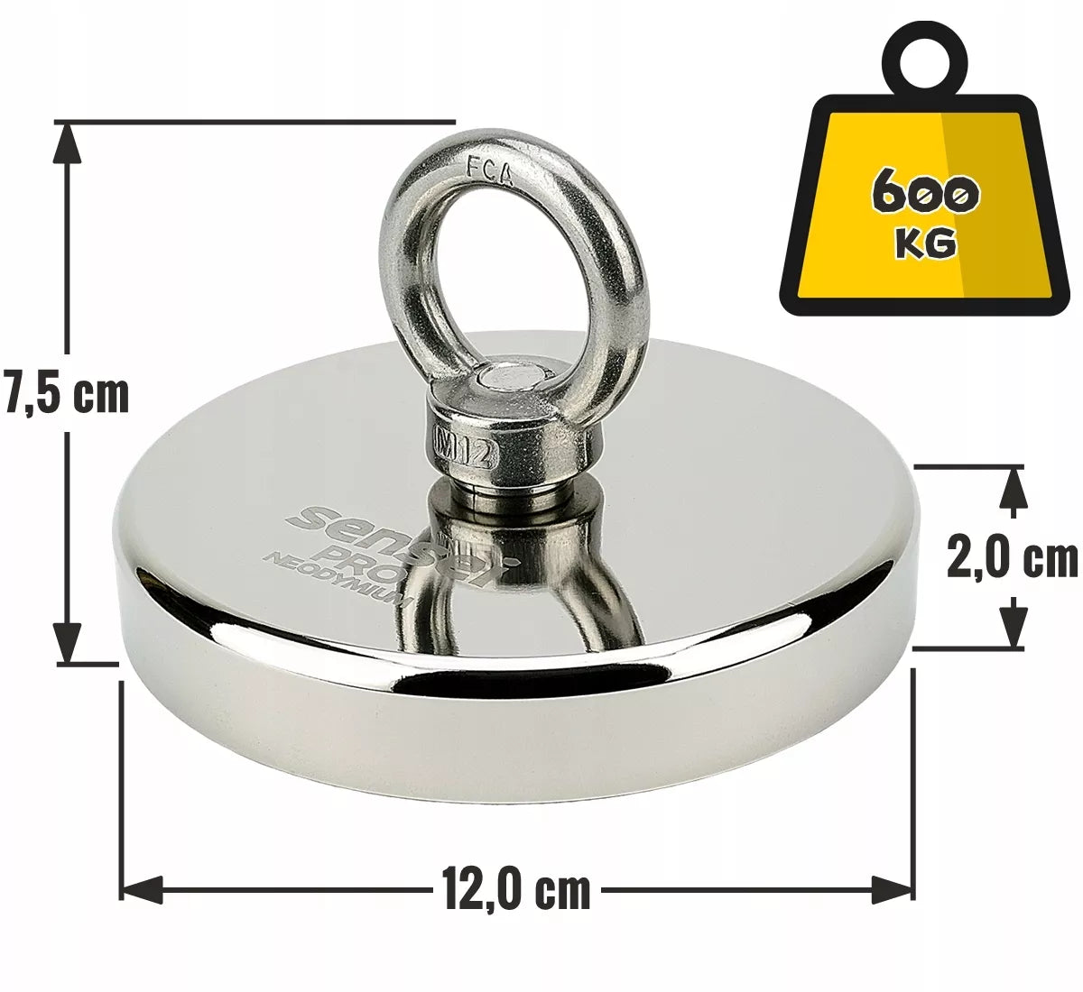 Neodiminis magnetas 600 kg / Ø120 mm, Galingas N52 laikiklis korpuse, M12 sriegis