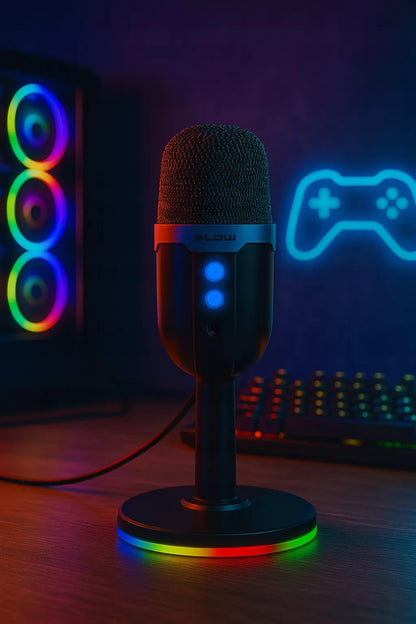 Kondensatorinis mikrofonas kompiuteriui, žaidimų, studijinis, karaoke, USB, LED RGB