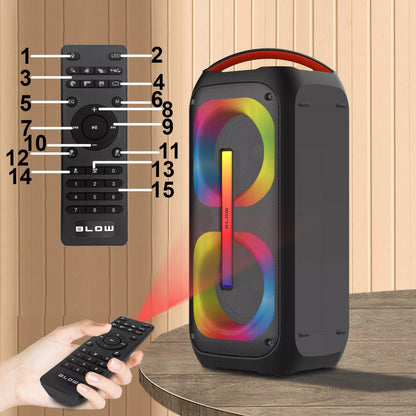 Galingas Bluetooth nešiojamas mobilus garsiakalbis su mikrofonu, nuotolinio valdymo pulteliu, USB, SD, Karaoke