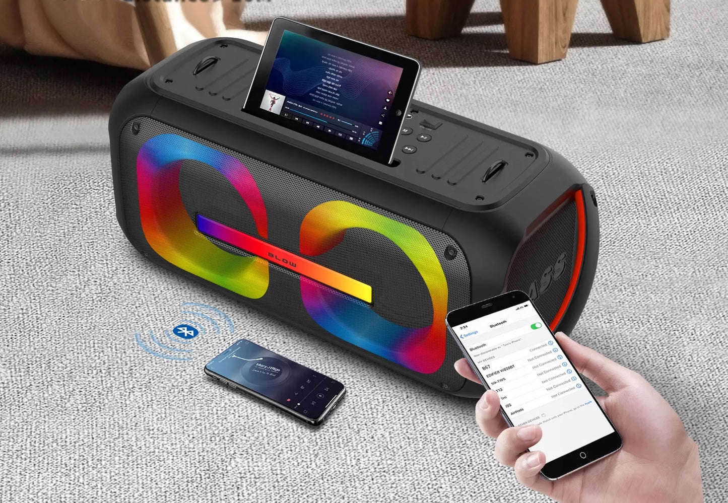 Galingas Bluetooth nešiojamas mobilus garsiakalbis su mikrofonu, nuotolinio valdymo pulteliu, USB, SD, Karaoke