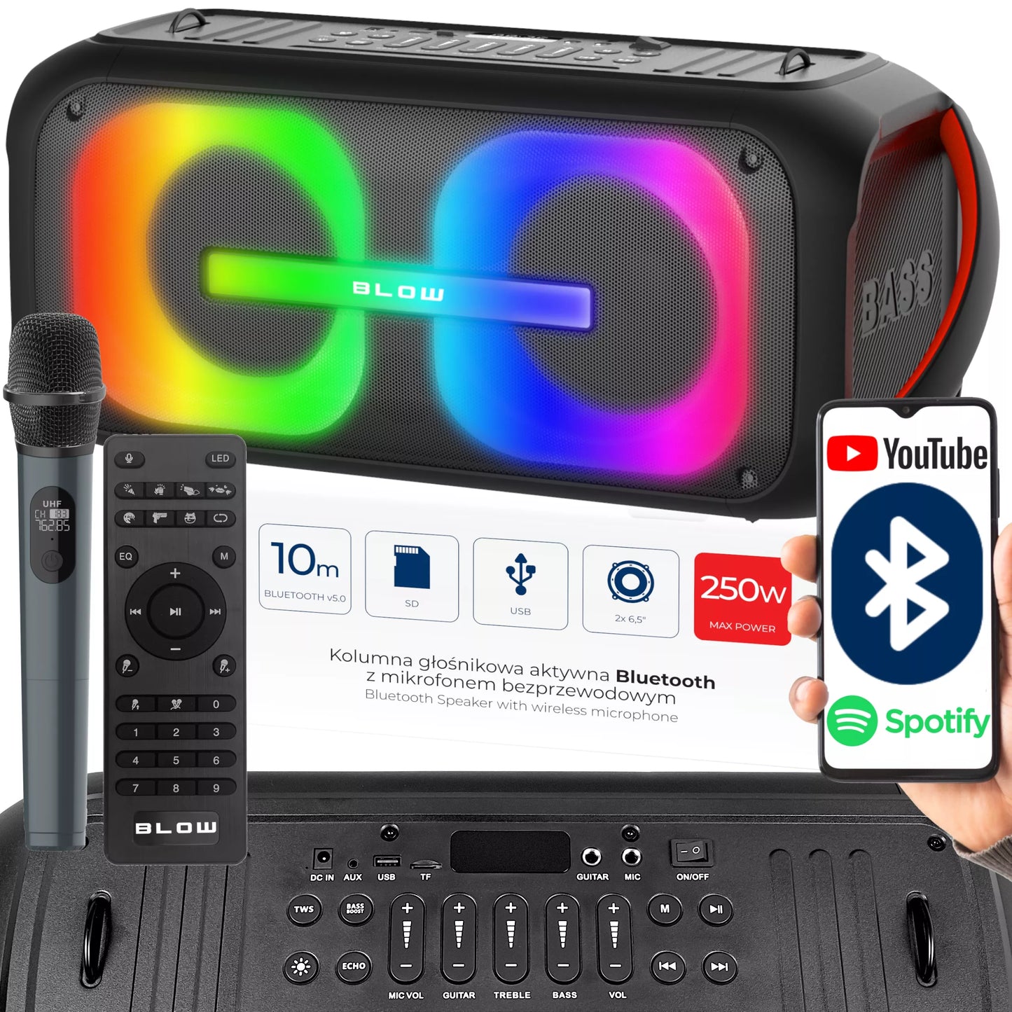 Galingas Bluetooth nešiojamas mobilus garsiakalbis su mikrofonu, nuotolinio valdymo pulteliu, USB, SD, Karaoke