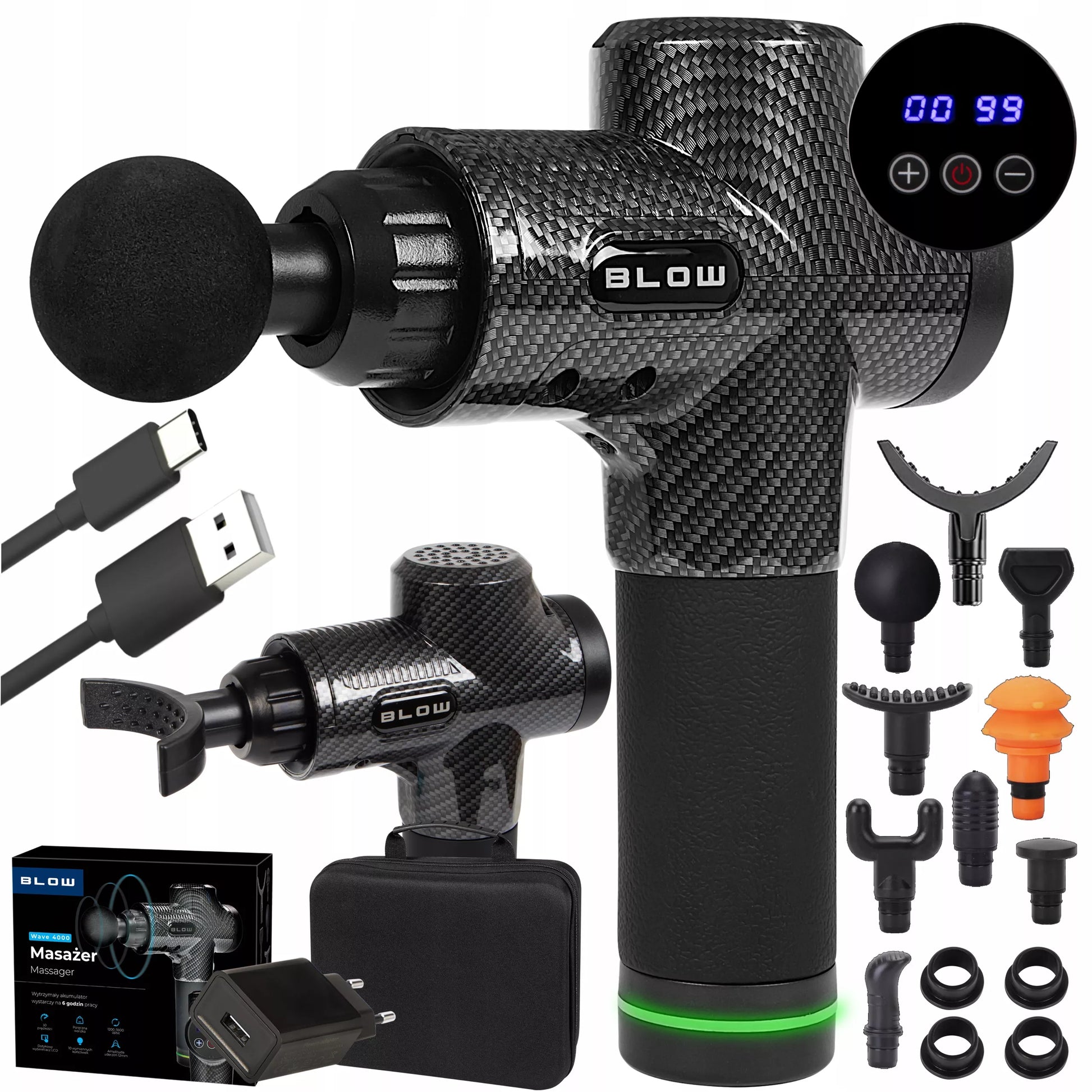 Massage Gun Pro – masažinis pistoletas kūnui, nugarai ir pėdoms, 10 antgalių