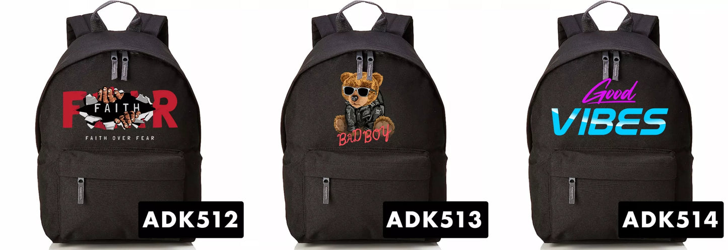Juoda mini kuprinė jaunimui mokyklai su trash metal stiliumi, stilingas raštas, puiki dovana