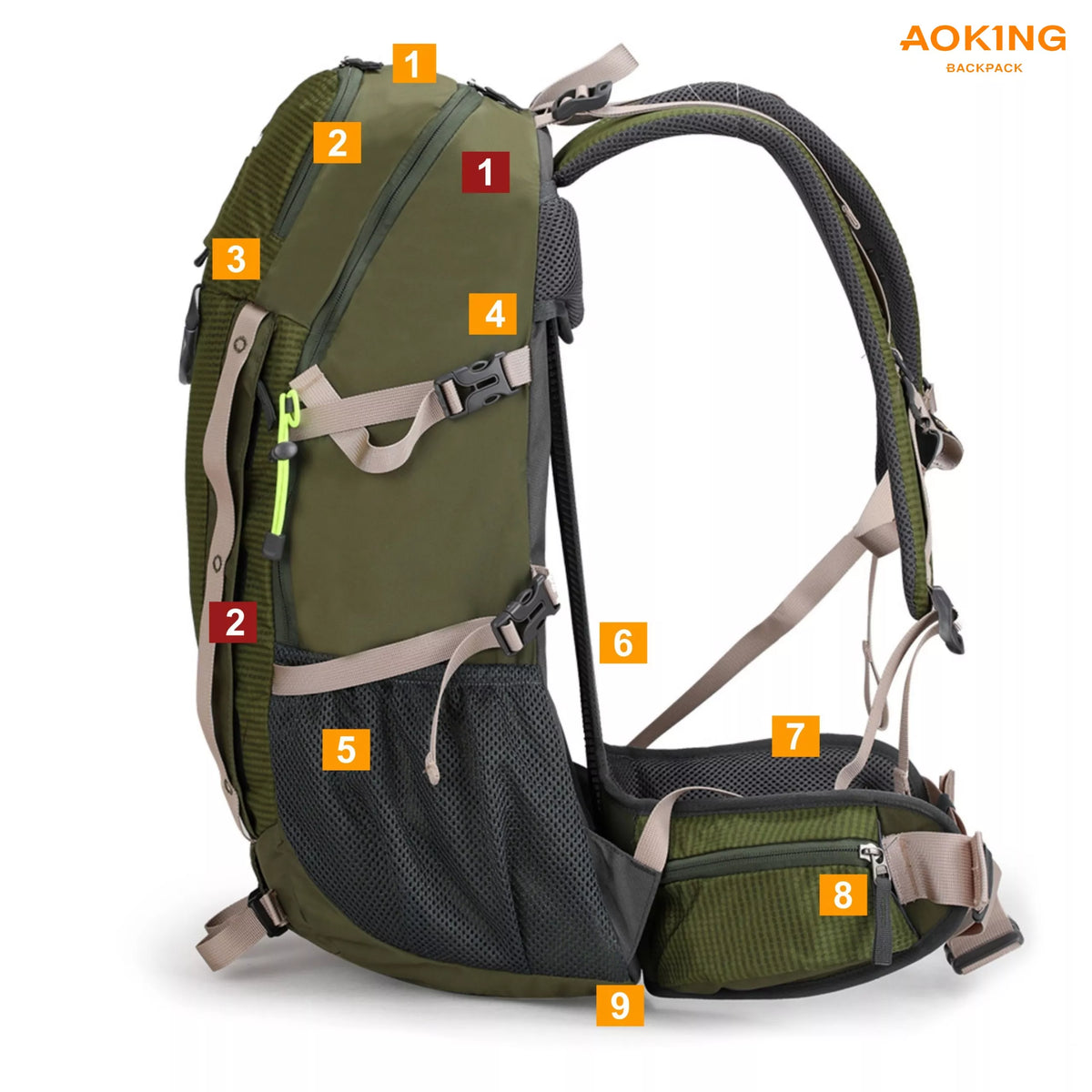 TREKKING kuprinė 35L Stovas 9 kišenės ŽALIAS