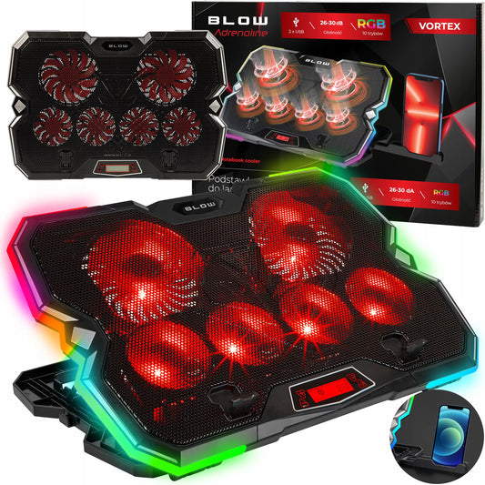 Aušinimo stovas nešiojamam kompiuteriui, reguliuojamas 9-17", LED RGB, 2x USB