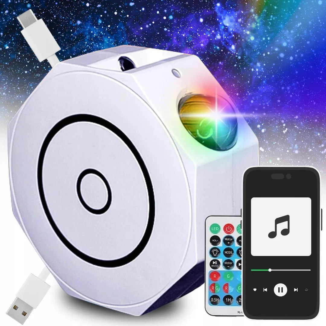 Žvaigždžių projektorius naktinė lemputė LED kosmosas Bluetooth garsiakalbis + pultelis