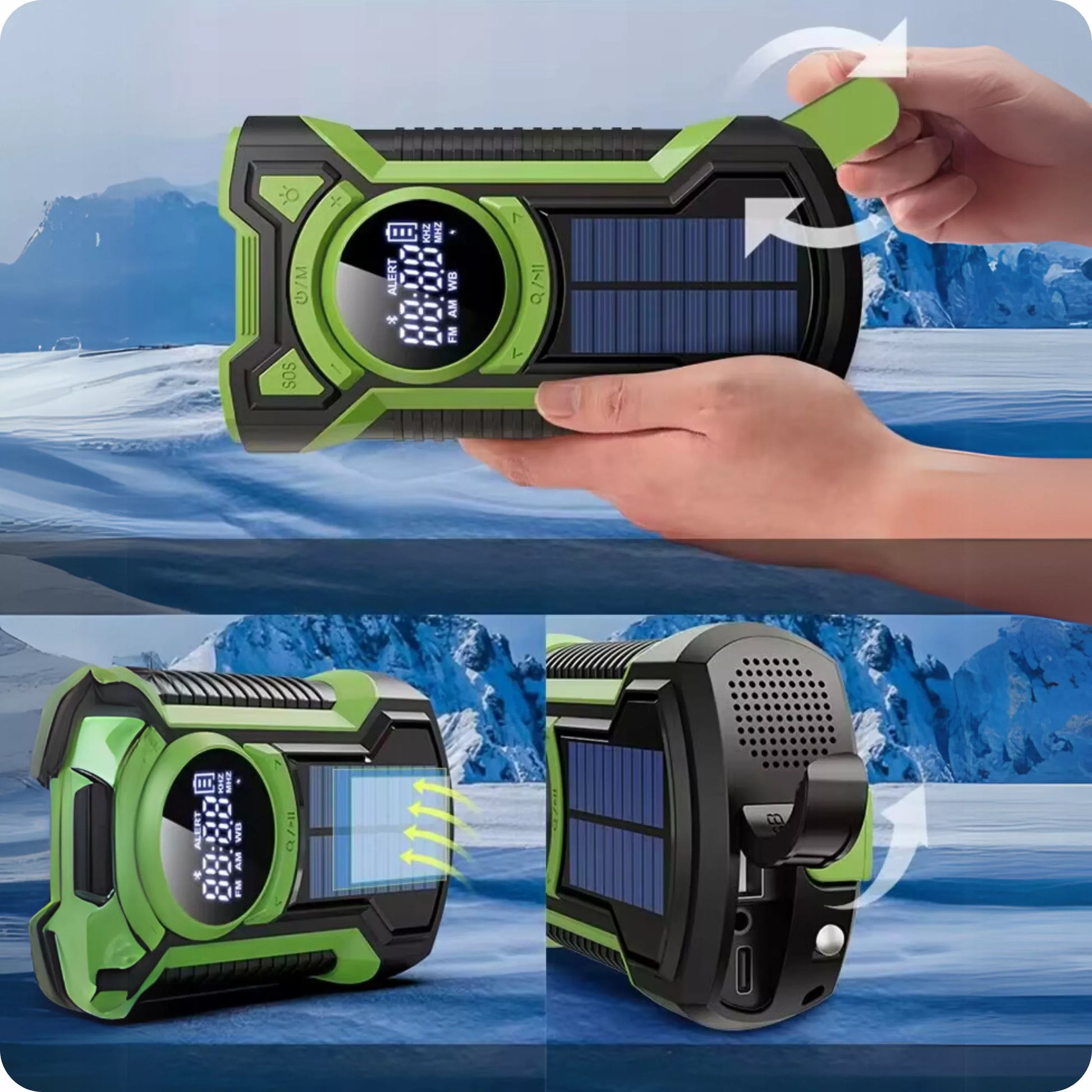 NEŠIOJAMAS SAULĖS RADijas, SKRIESTUVAS, SIGNALIZACIJA, DYNAMA, AVARINIS ŽIBINTUVĖLIS 5000mAh JB-07G