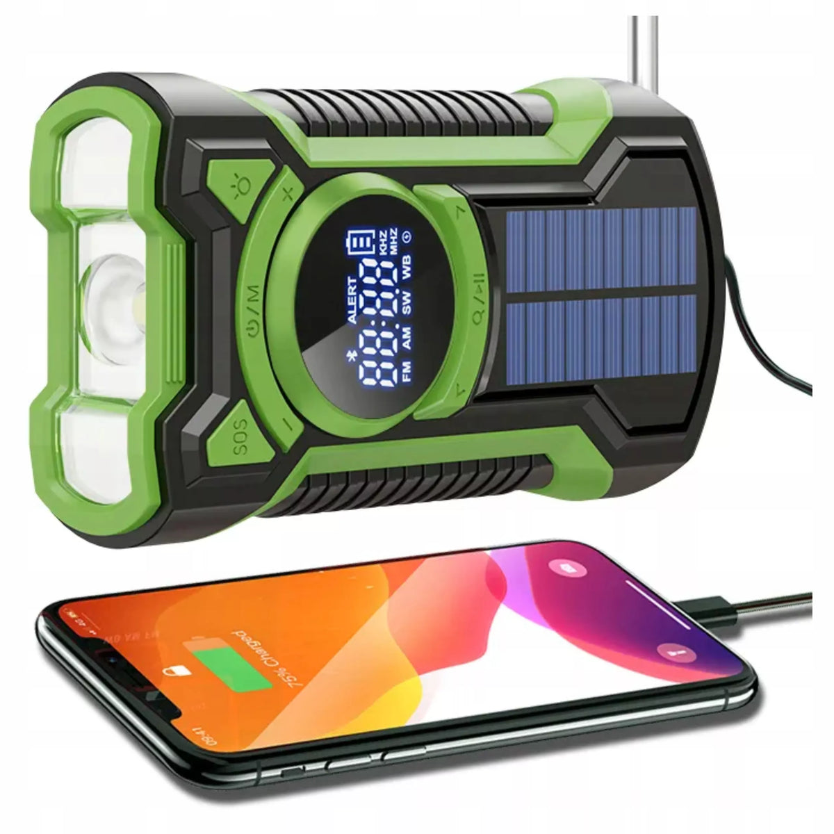 NEŠIOJAMAS SAULĖS RADijas, SKRIESTUVAS, SIGNALIZACIJA, DYNAMA, AVARINIS ŽIBINTUVĖLIS 5000mAh JB-07G