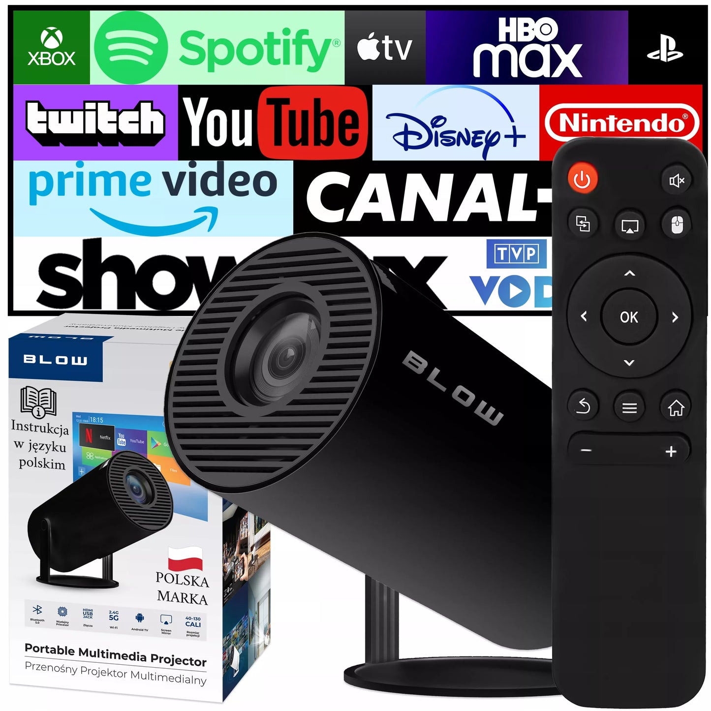 NEŠIOJAMAS ROTORINIS PROJEKTORIUS PROJEKTORIUS GARSIAKALBIS ANDROID SMART TV WIFI FULL HD