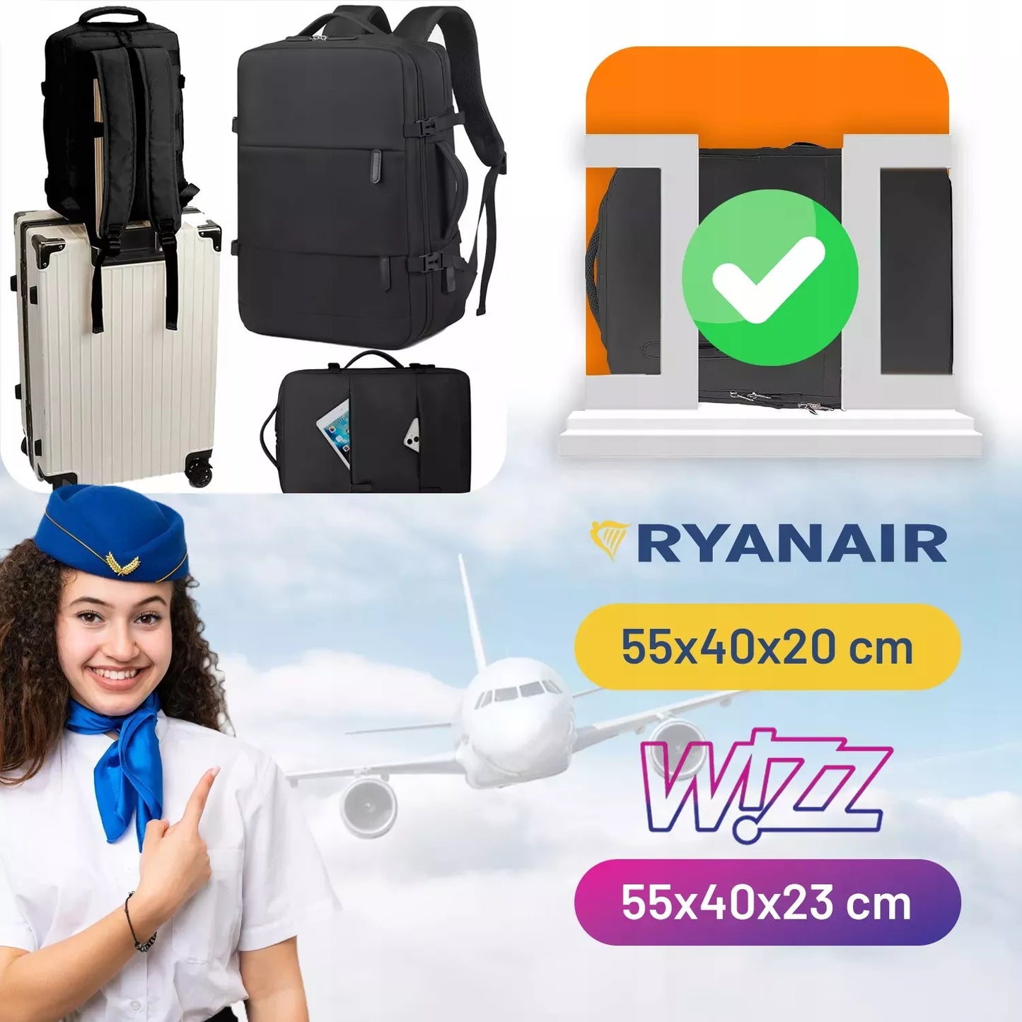 Kuprinė Rankinis Bagažas Lėktuvui 45x30x20 Wizzair Kabininis USB FORPLANE