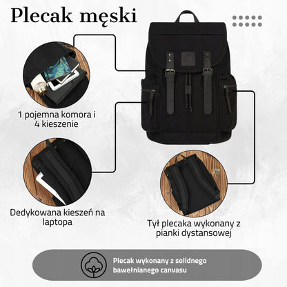 Paolo Peruzzi Vīriešu mugursoma – melna vintage stila mugursoma, lieliska dāvana