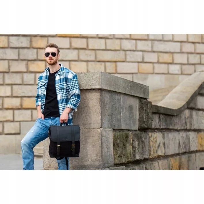 Vyriška odinė kuprinė Paolo Peruzzi juoda, skirta nešiojamam kompiuteriui, oda + drobė