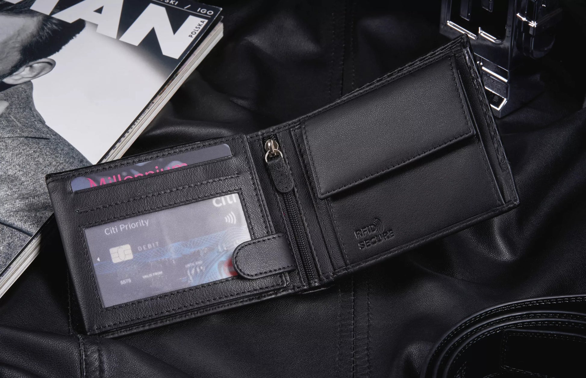 Vyriška odinė juoda piniginė, horizontali, natūrali oda, RFID apsauga ZAGATTO