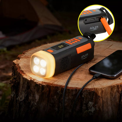 NEŠIOJAMA SAULĖS RADYJAS ŽIBINTUVĖLIS USB SOS SIGNALIZACIJA ADLER AD1920 DYNAMO SU RANKENA