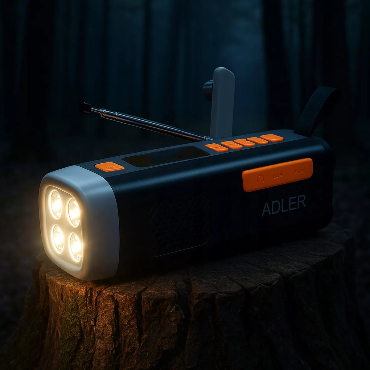 NEŠIOJAMA SAULĖS RADYJAS ŽIBINTUVĖLIS USB SOS SIGNALIZACIJA ADLER AD1920 DYNAMO SU RANKENA