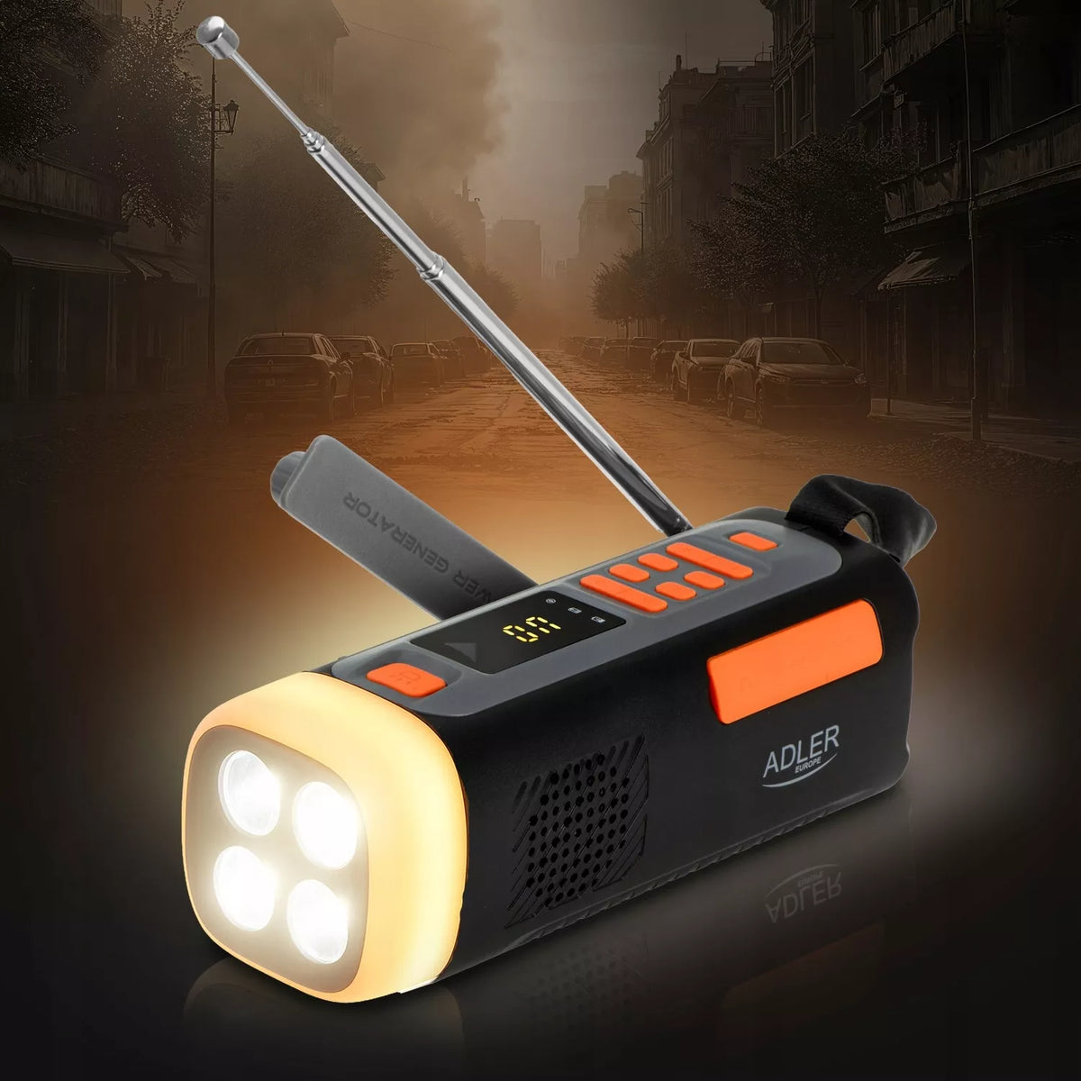NEŠIOJAMA SAULĖS RADYJAS ŽIBINTUVĖLIS USB SOS SIGNALIZACIJA ADLER AD1920 DYNAMO SU RANKENA