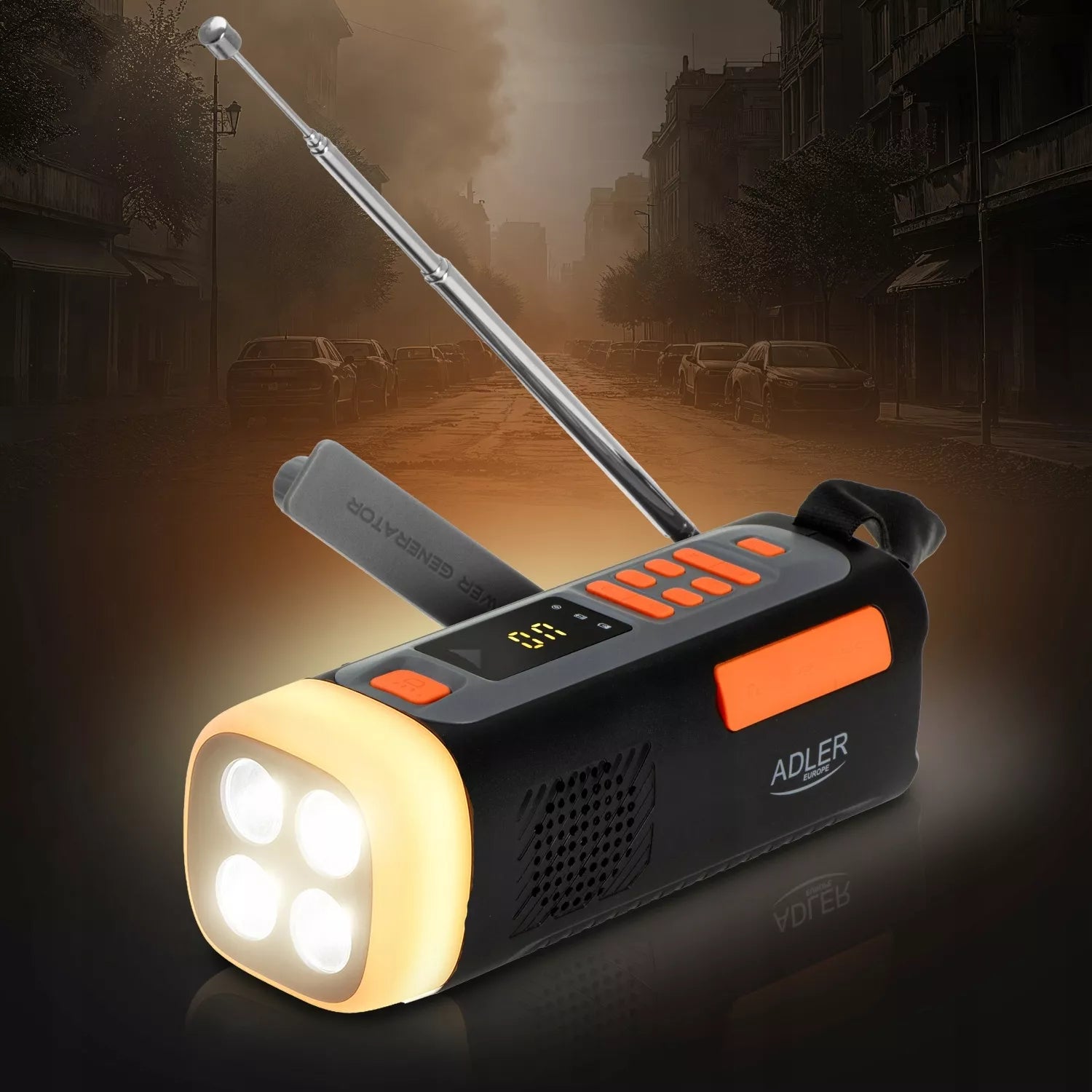 NEŠIOJAMA SAULĖS RADYJAS ŽIBINTUVĖLIS USB SOS SIGNALIZACIJA ADLER AD1920 DYNAMO SU RANKENA