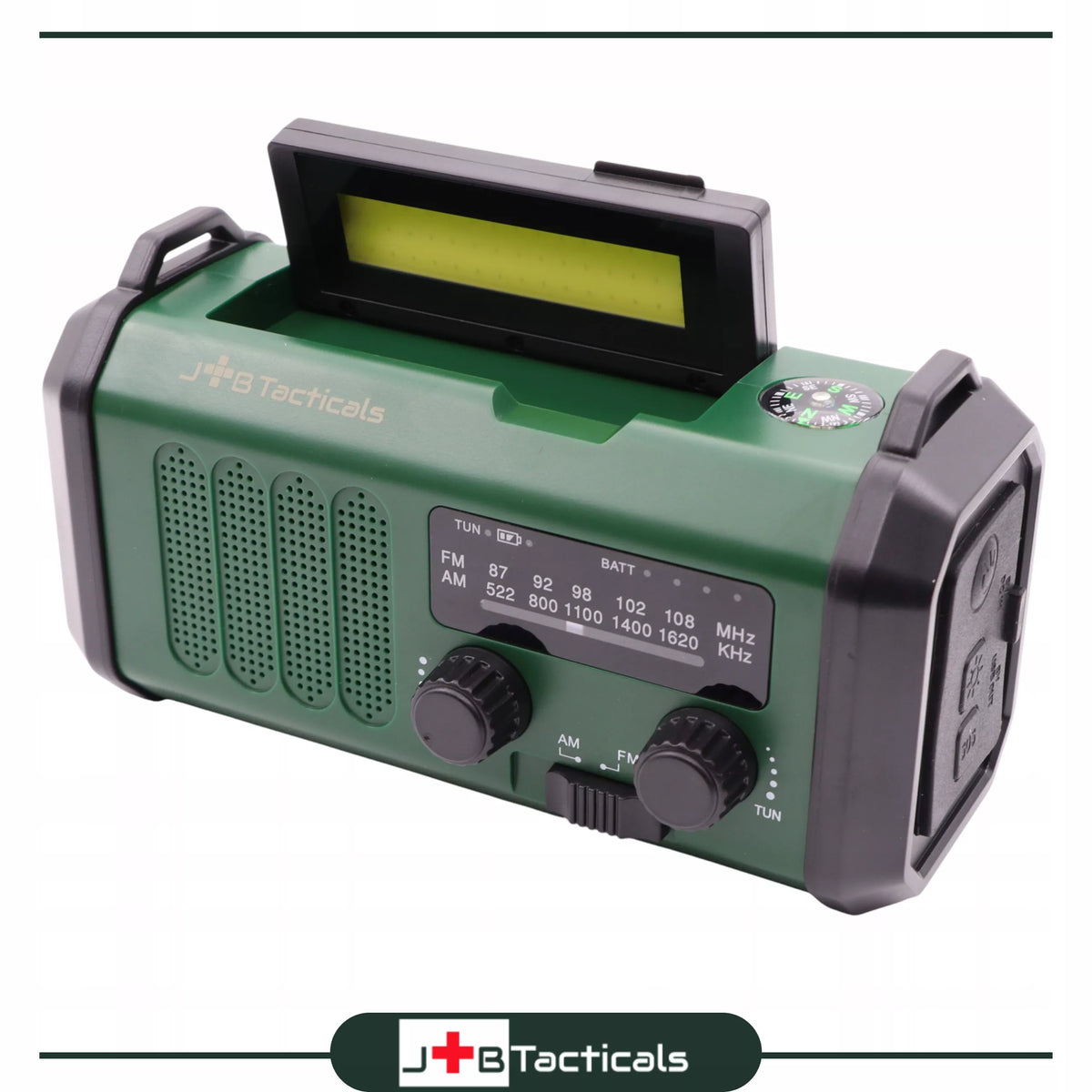 Nešiojama avarinė FM/AM radijo imtuvas su saulės energija, dinaminiu suktuku, POWERBANK ir žibintuvėliu