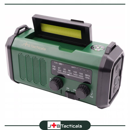 Nešiojama avarinė FM/AM radijo imtuvas su saulės energija, dinaminiu suktuku, POWERBANK ir žibintuvėliu