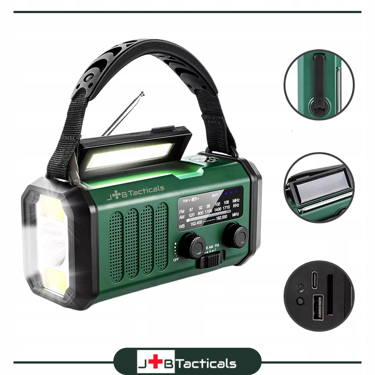 Nešiojama avarinė FM/AM radijo imtuvas su saulės energija, dinaminiu suktuku, POWERBANK ir žibintuvėliu