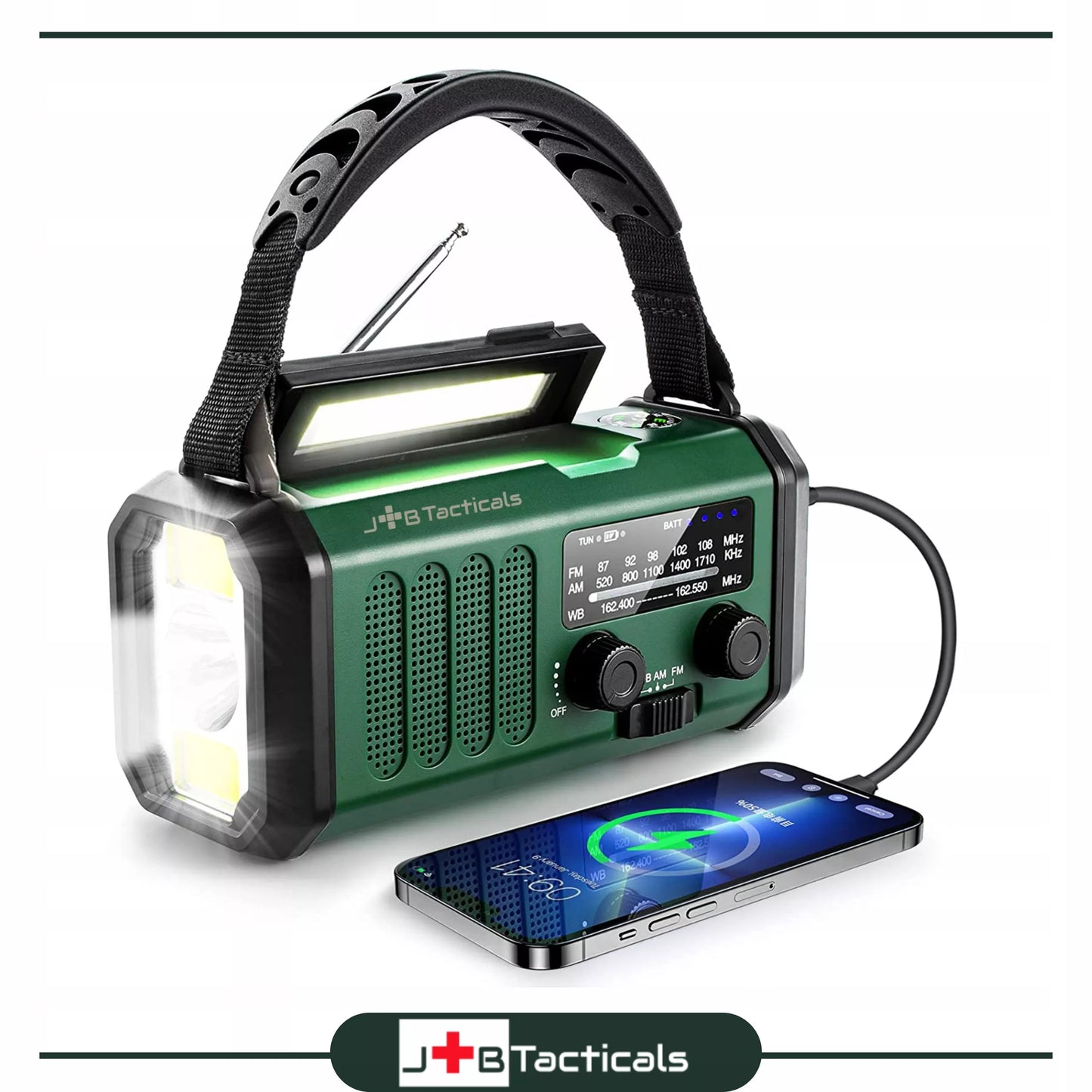 Nešiojama avarinė FM/AM radijo imtuvas su saulės energija, dinaminiu suktuku, POWERBANK ir žibintuvėliu
