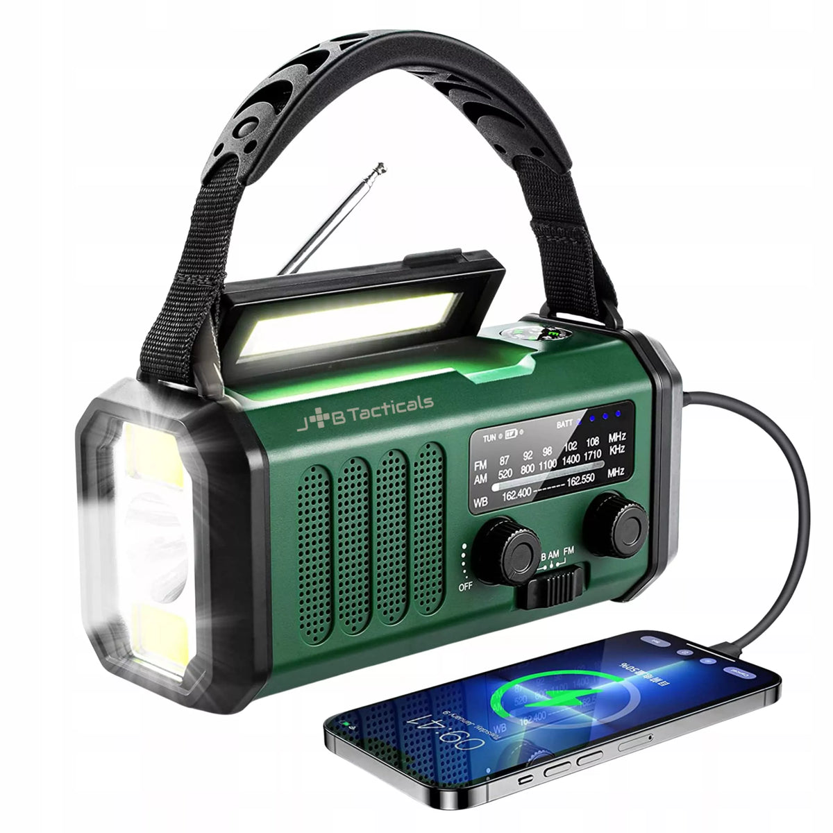 Nešiojama avarinė FM/AM radijo imtuvas su saulės energija, dinaminiu suktuku, POWERBANK ir žibintuvėliu