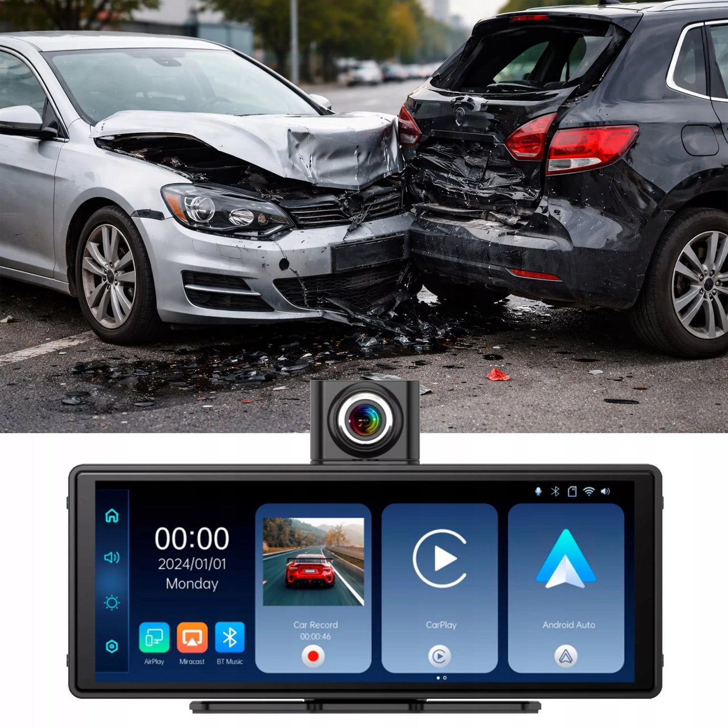 Automobilinis radijas, multimedijos stotis, monitorius su Carplay, kamera, Android Auto