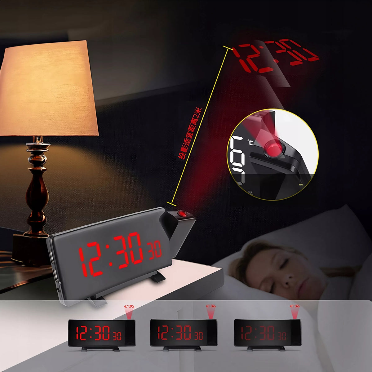 ŽADINTUVAS LAIKRODIS SU PROJEKTORIUMI JUODAS USB GARSUS ŽADINTUVAS XL LED EKRANAS