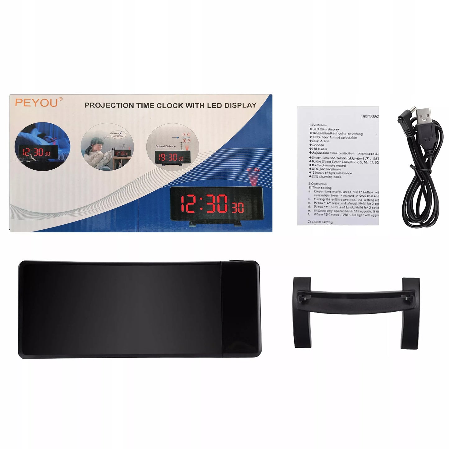 ŽADINTUVAS LAIKRODIS SU PROJEKTORIUMI JUODAS USB GARSUS ŽADINTUVAS XL LED EKRANAS