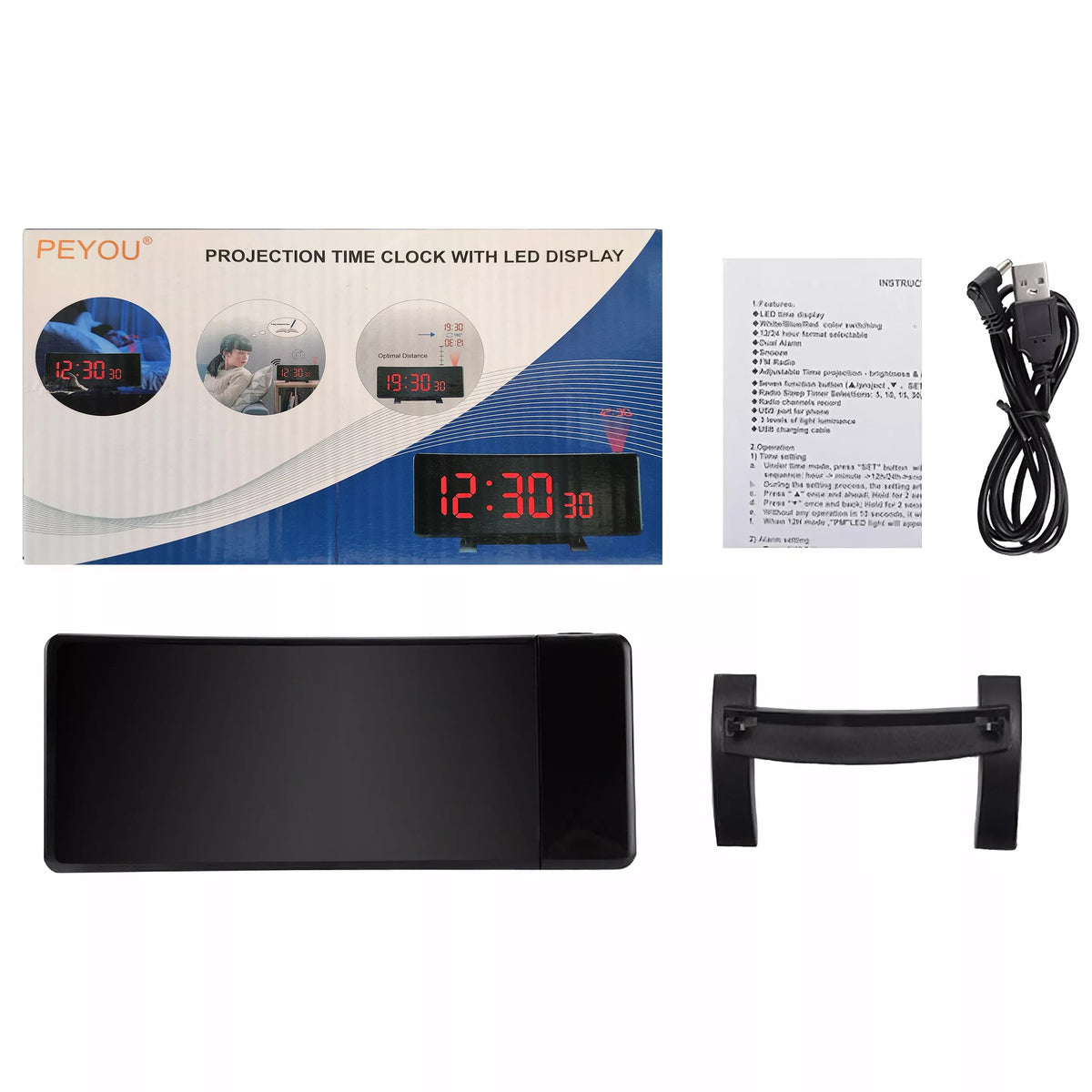 ŽADINTUVAS LAIKRODIS SU PROJEKTORIUMI JUODAS USB GARSUS ŽADINTUVAS XL LED EKRANAS