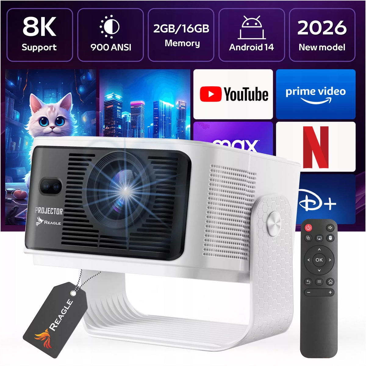 PROJEKTORIUS LED 900 ANSI 8K 4K 140" ANDROID 14 SMART TV WIFI 6