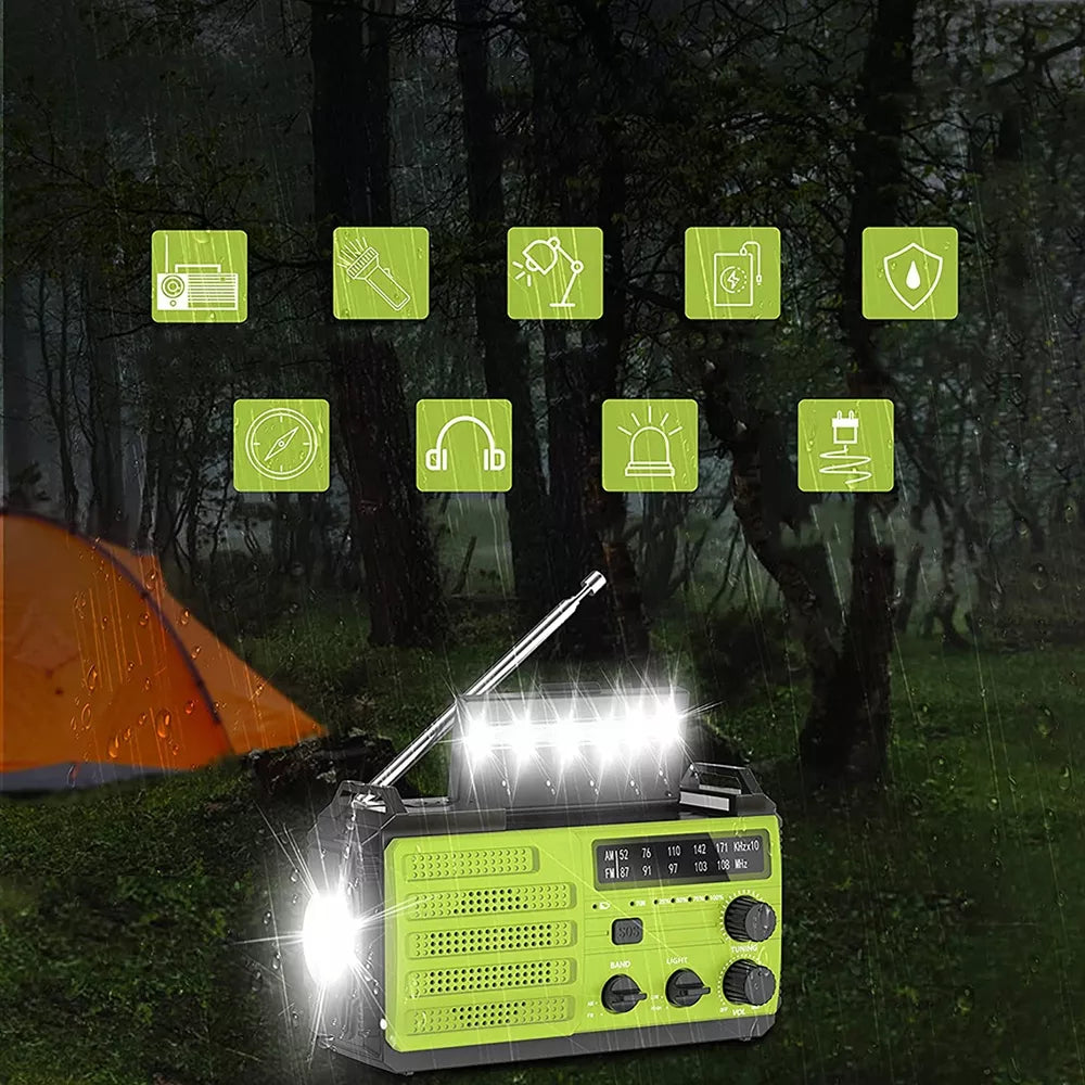 Avarinis radijas išgyvenimui su rankenėle, saulės energija, Powerbank 8000mAh su SOS aliarmu