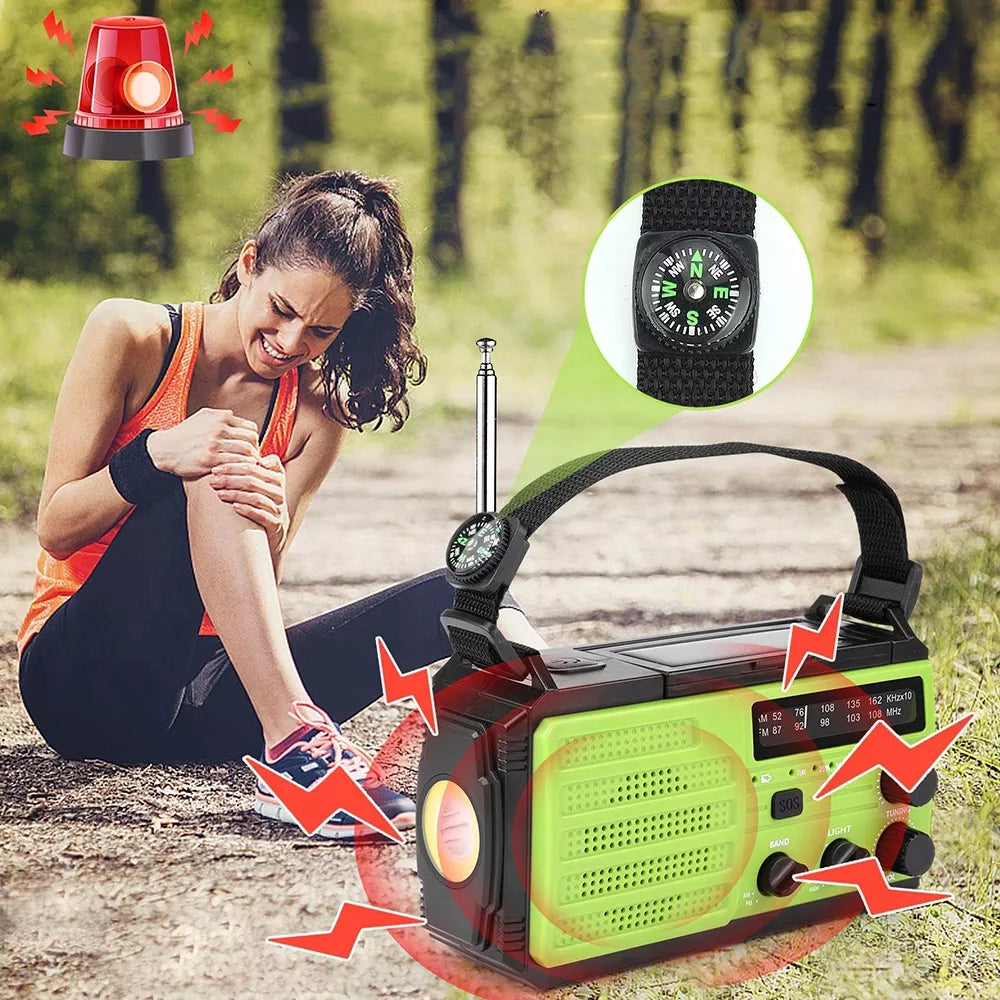 Avarinis radijas išgyvenimui su rankenėle, saulės energija, Powerbank 8000mAh su SOS aliarmu