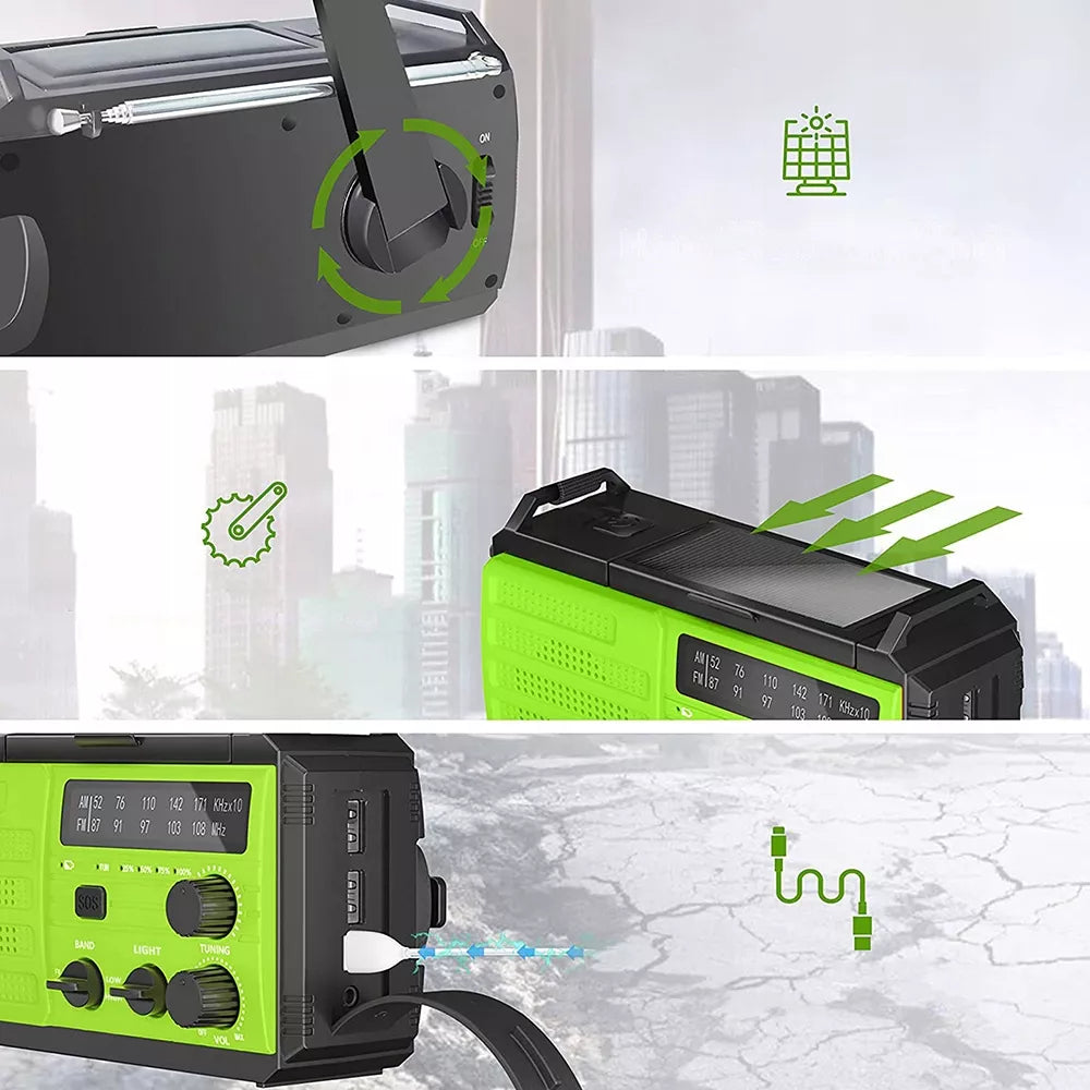 Avarinis radijas išgyvenimui su rankenėle, saulės energija, Powerbank 8000mAh su SOS aliarmu