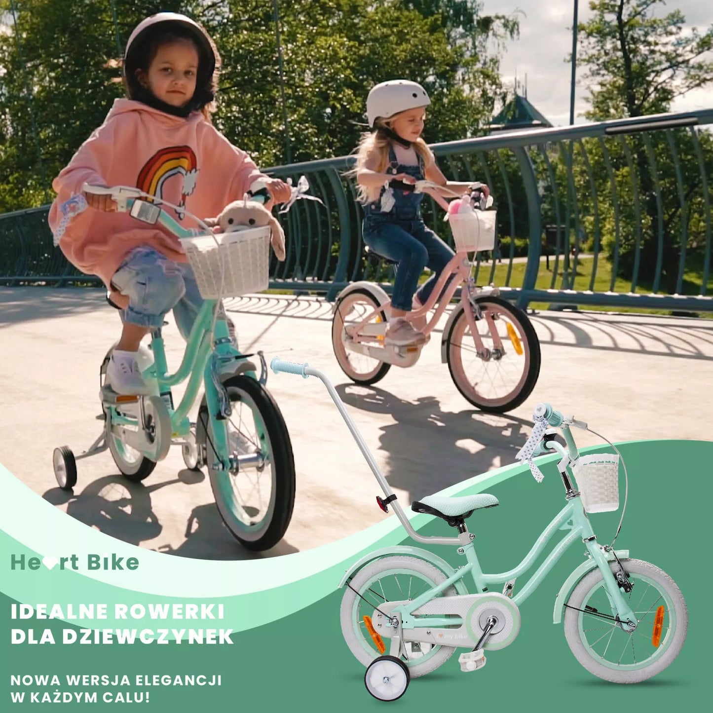 14-colių vaikiškas dviratukas mergaitei su stūmimo rankena, pagalbiniais ratukais ir krepšeliu, Silver