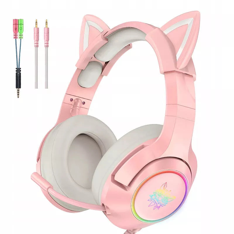 Rožinės „Onikuma K9“ žaidimų ausinės su mikrofonu, RGB, 50 mm