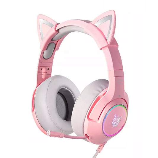 Rožinės „Onikuma K9“ žaidimų ausinės su mikrofonu, RGB, 50 mm