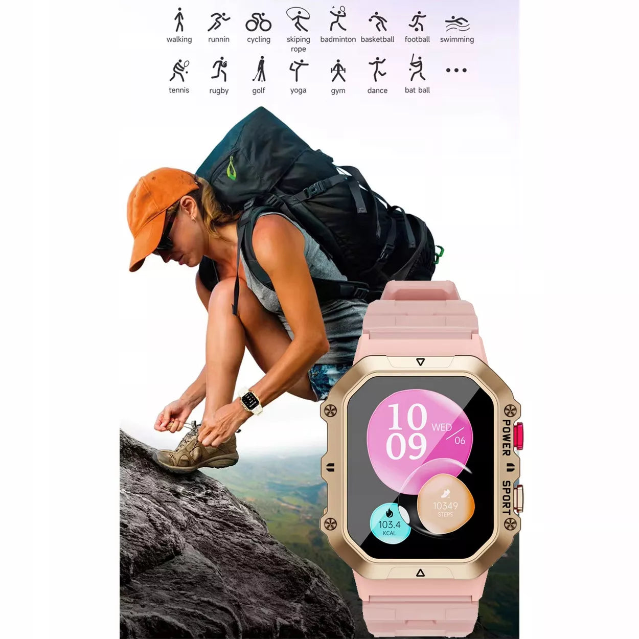 SMARTWATCH MOTERIŠKAS ROŽINIS SMS ŽINGSNIAI LENKIŠKAS MENIU SKAMBUČIAI