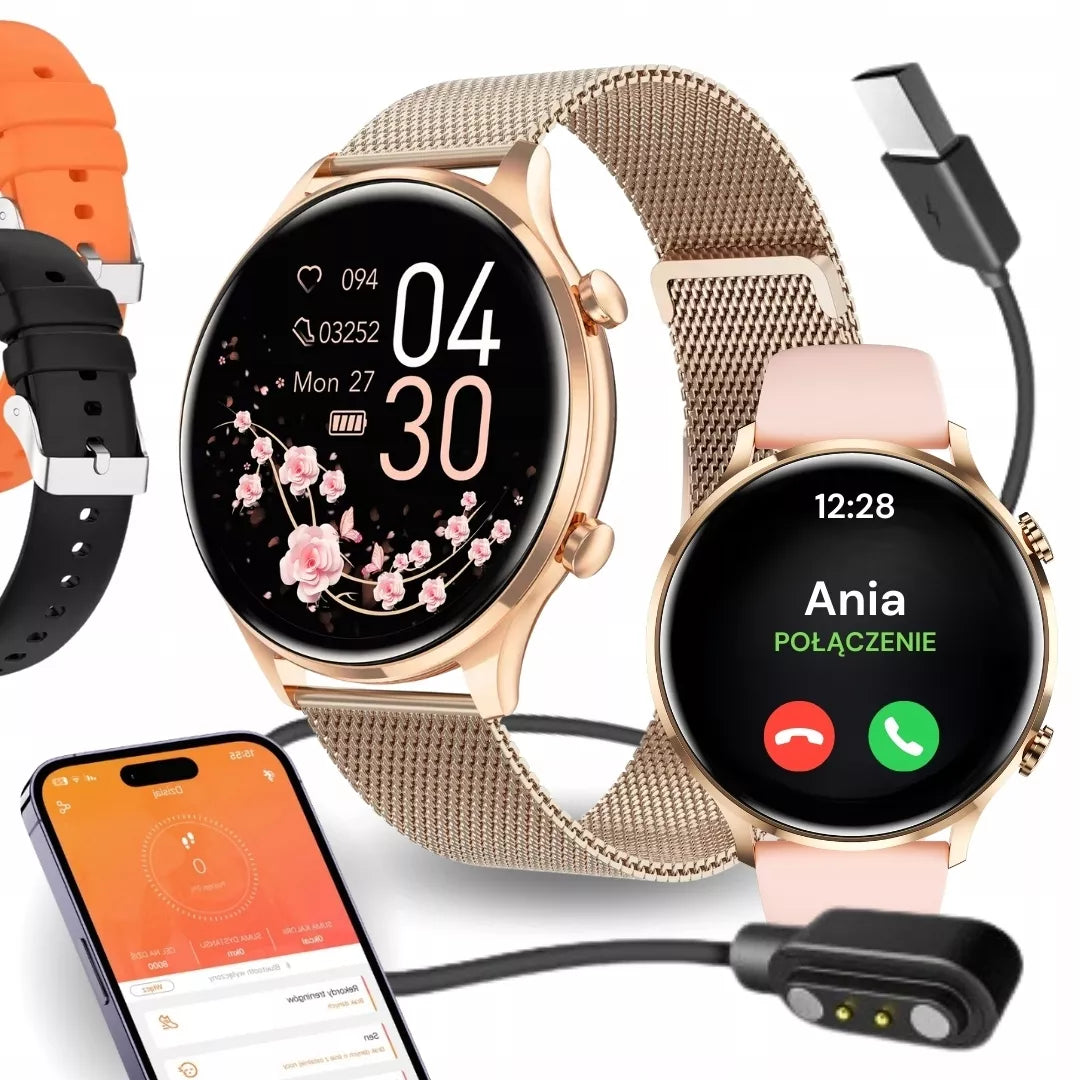 Moteriškas išmanusis laikrodis (Smartwatch) su skambučių funkcija, atsparus vandeniui + 4 dirželiai
