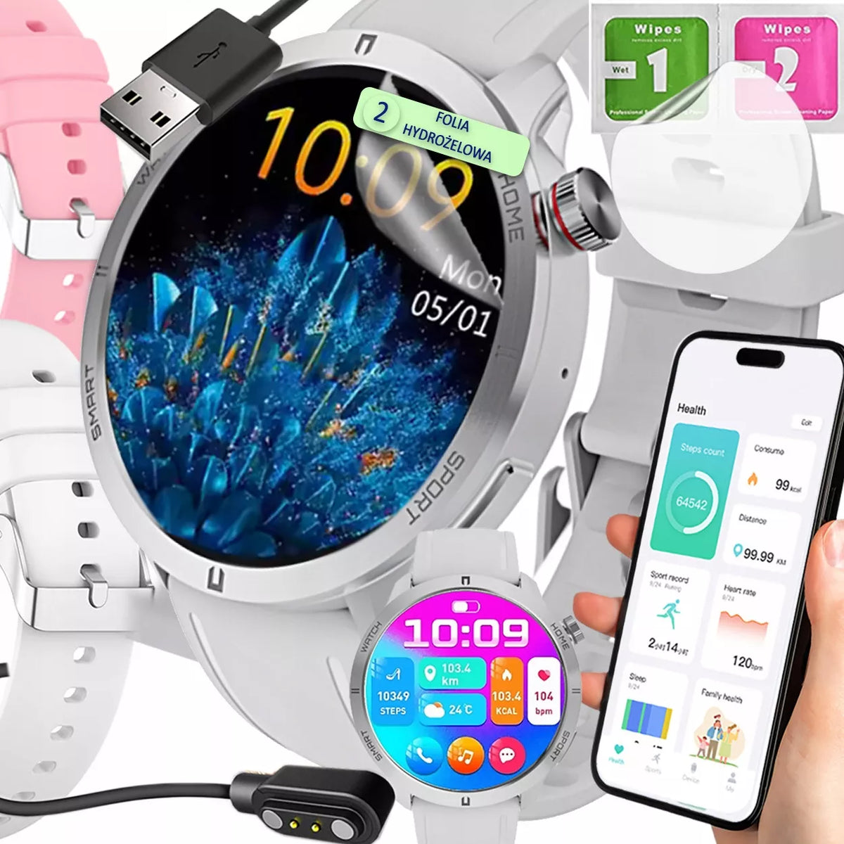 SMARTWATCH moteriškas SMS ŽINGSNIAI LENKIŠKAS MENIU SKAMBUČIAI 2 DIRŽELIAI + PLĖVELĖ