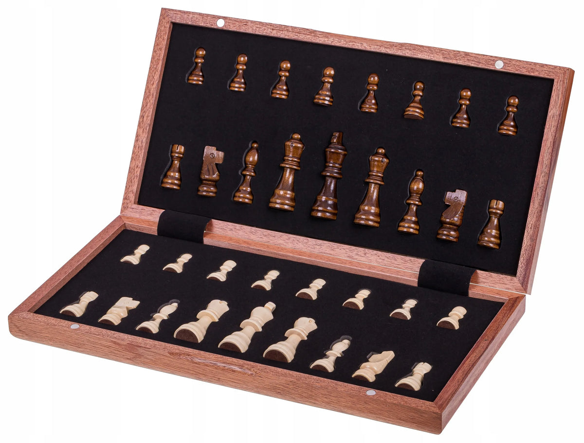 SQUARE – Dideli mediniai magnetiniai šachmatai 380 – Mahonis + 2 x papildomos valdovės