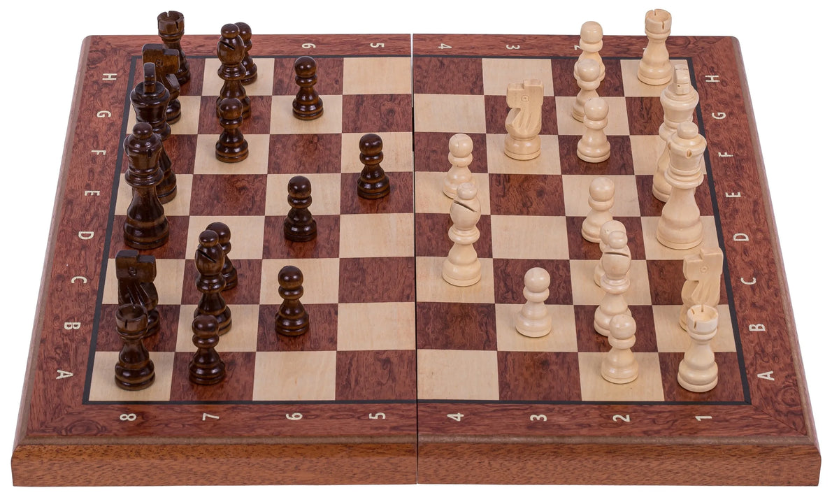 SQUARE – Dideli mediniai magnetiniai šachmatai 380 – Mahonis + 2 x papildomos valdovės