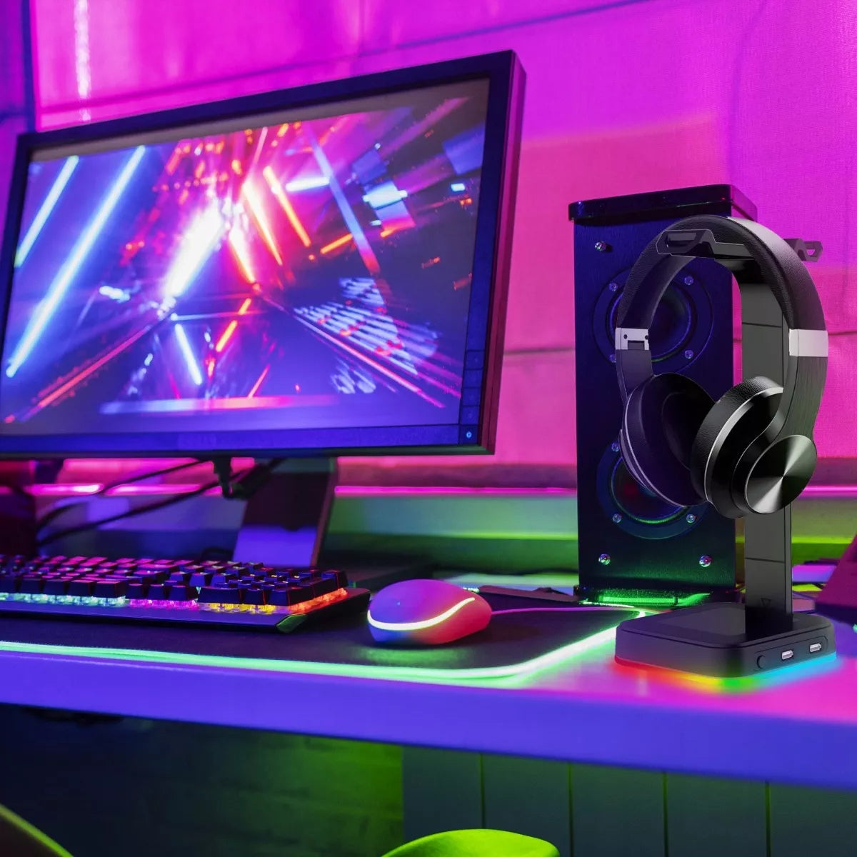 Žaidimų ausinių stovas / laikiklis su RGB apšvietimu, USB Hub + 2x USB