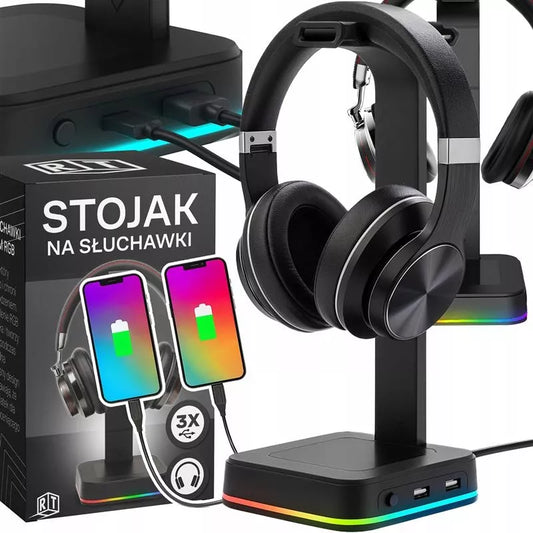 Žaidimų ausinių stovas / laikiklis su RGB apšvietimu, USB Hub + 2x USB